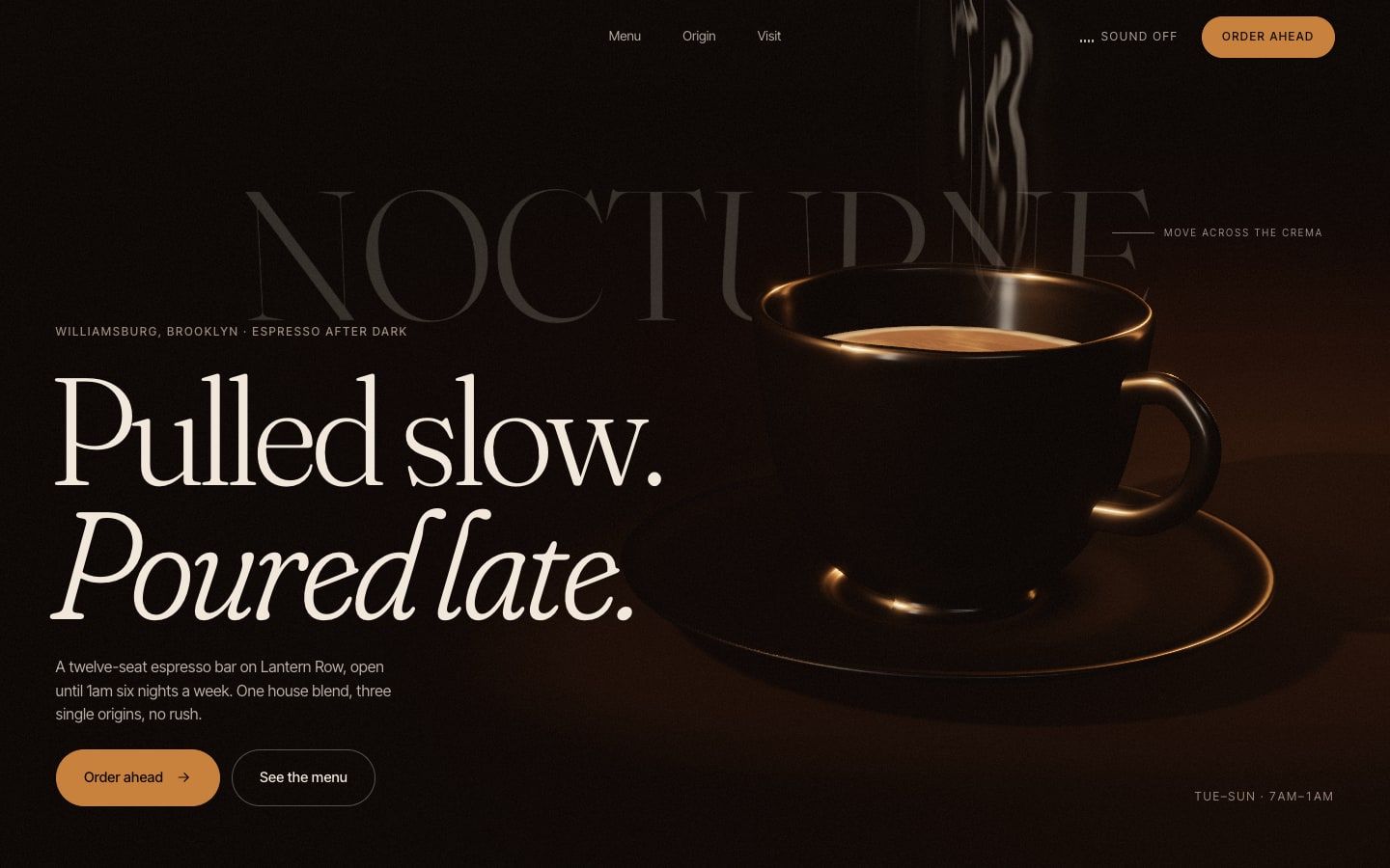 Nocturne Espresso Bar concept site: a black cup of espresso under warm light with the headline Pulled slow. Poured late.