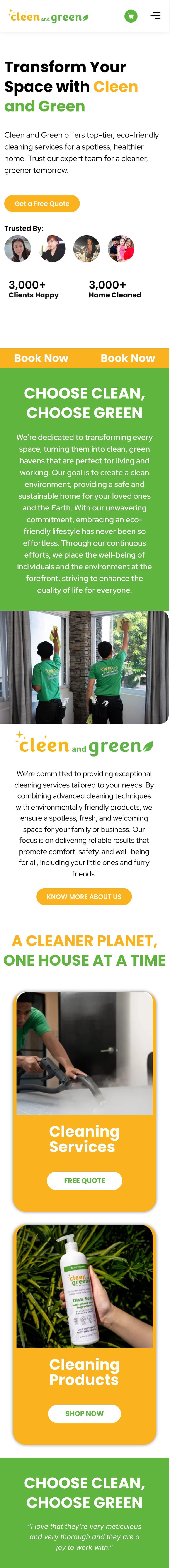 Full-page capture of Cleen & Green's live site on a phone