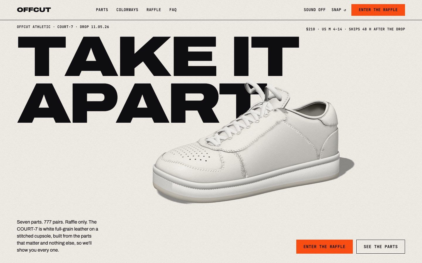 OFFCUT COURT-7 concept site: a white leather court sneaker over the headline TAKE IT APART and a raffle countdown.