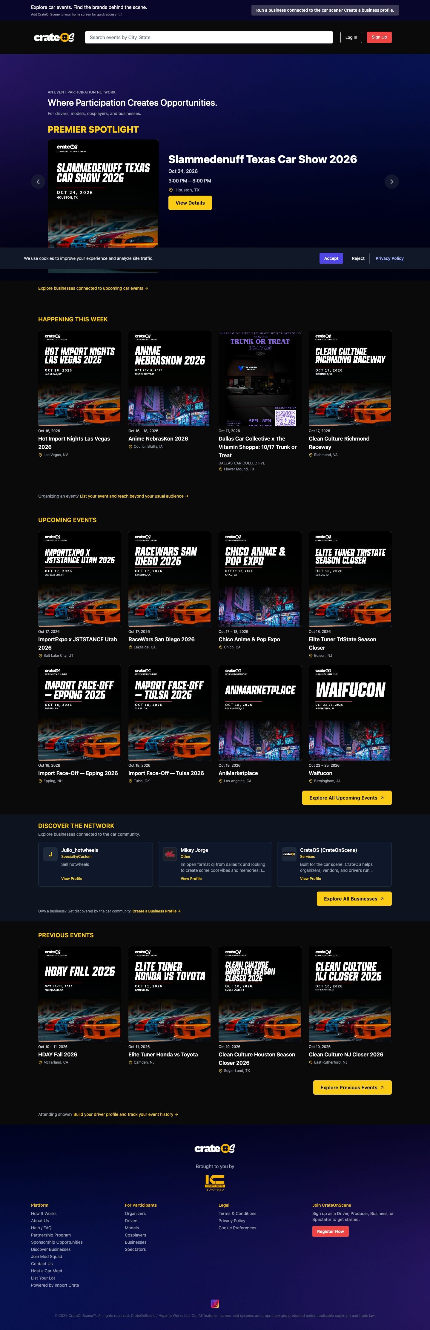 Full-page capture of CrateOnScene's live site, desktop