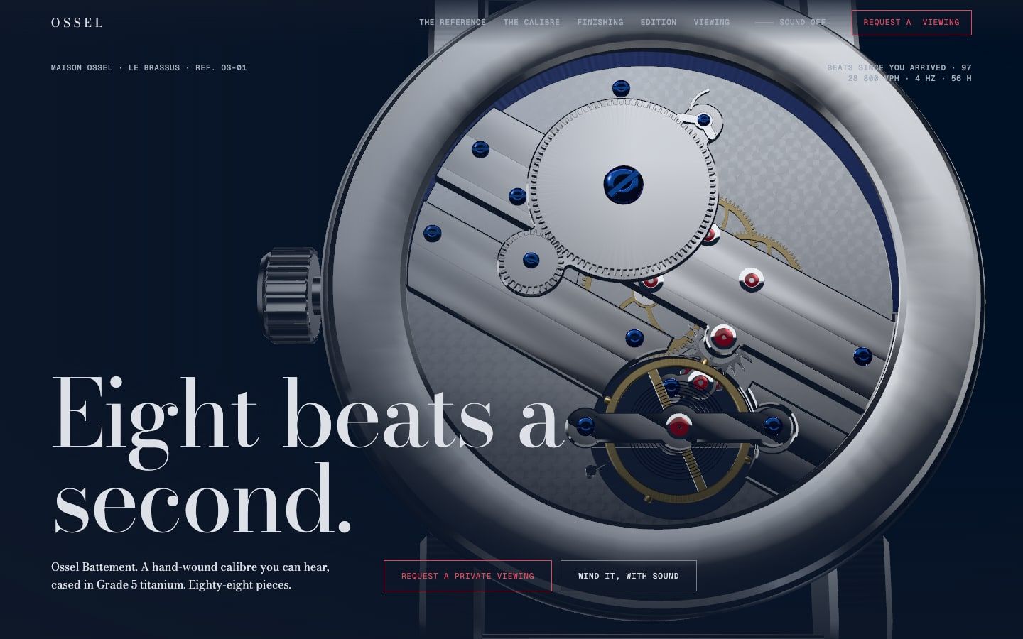 Maison Ossel OS-01 concept site: a titanium watch seen through its sapphire caseback with the headline Eight beats a second.