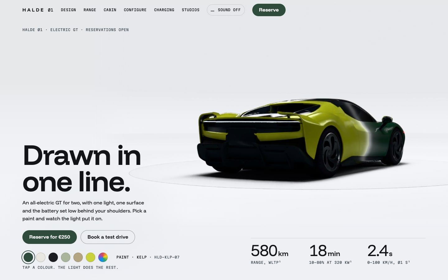 Halde Ø1 concept site: a dark green electric GT in a pale studio, a blade of light repainting it lime, with the headline Drawn in one line.