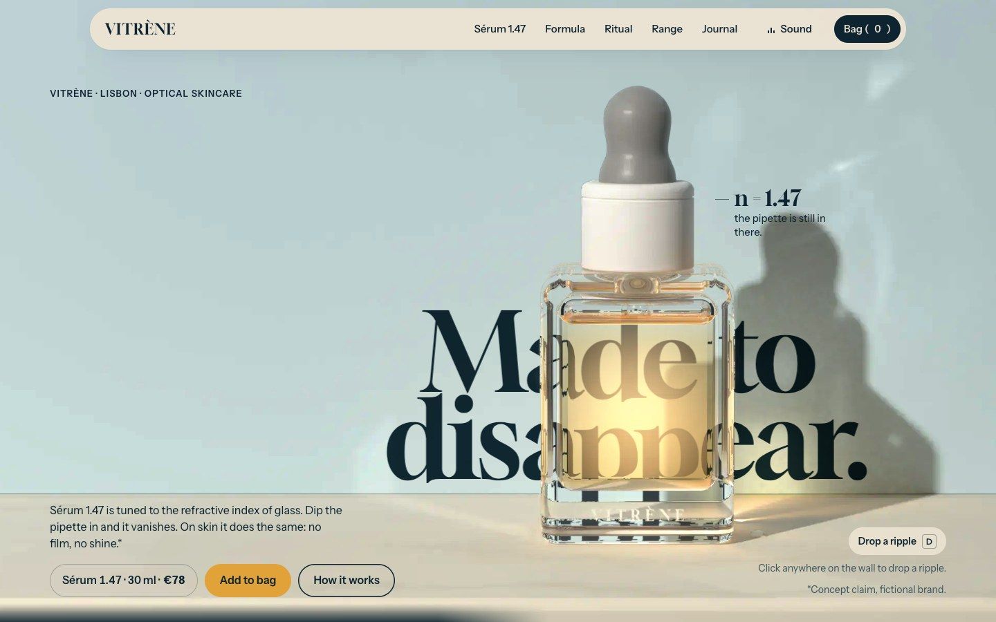 Vitrène Sérum 1.47 concept site: a glass dropper bottle of amber serum against a pale blue wall with the headline Made to disappear.