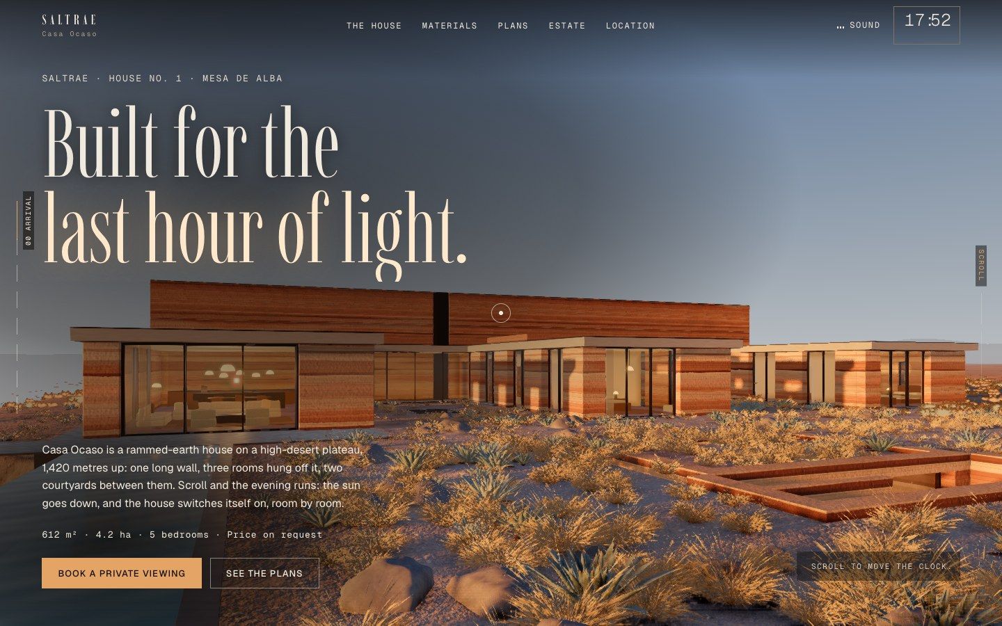 Saltrae Casa Ocaso concept site: a long rammed-earth desert villa at dusk with lit windows, under the headline Built for the last hour of light.